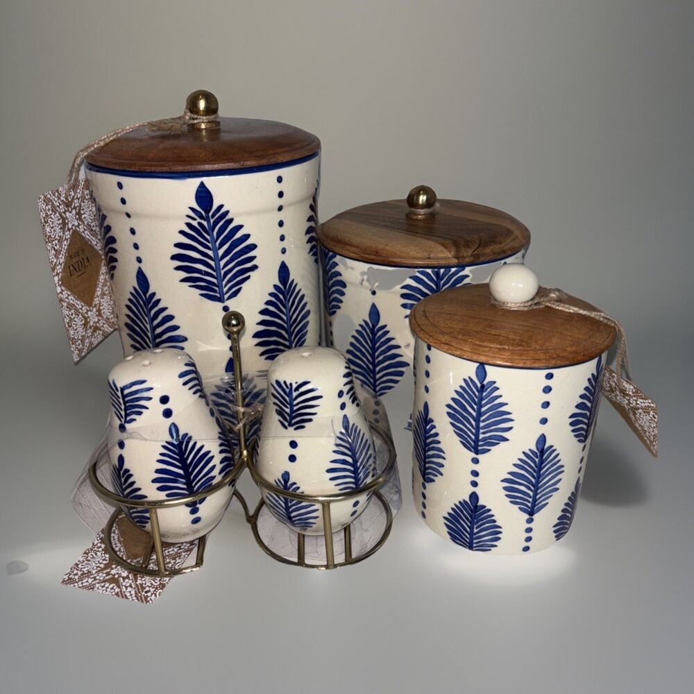 Blue & White Leaf Canisters 3 Salt & Pepper Shakers Handmade in India Viral